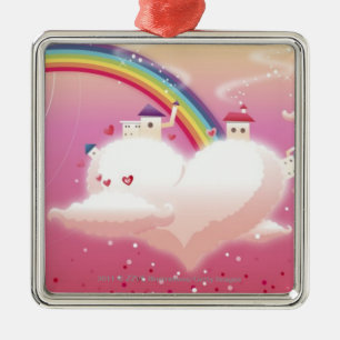 Regenboog en gebouwen op wolken metalen ornament
