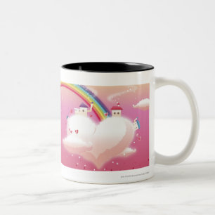 Regenboog en gebouwen op wolken tweekleurige koffiemok