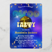 Regenboog en Goud op Funky Blauwe Disco Party Folie Uitnodiging (Voorkant)