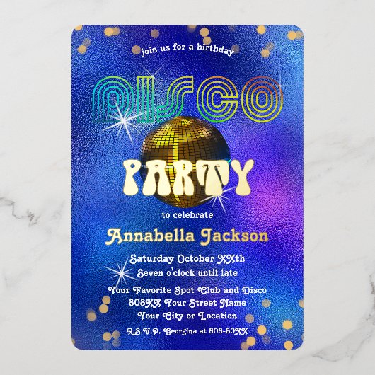 Regenboog en Goud op Funky Blauwe Disco Party Folie Uitnodiging (Voorkant)