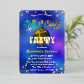 Regenboog en Goud op Funky Blauwe Disco Party Folie Uitnodiging (Staand Voorkant)