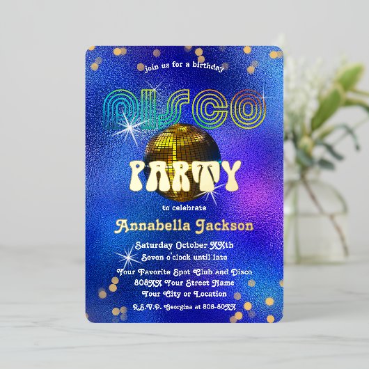 Regenboog en Goud op Funky Blauwe Disco Party Folie Uitnodiging (Staand Voorkant)