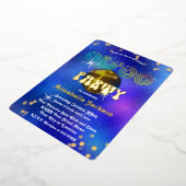 Regenboog en Goud op Funky Blauwe Disco Party Folie Uitnodiging (Gedraaid)