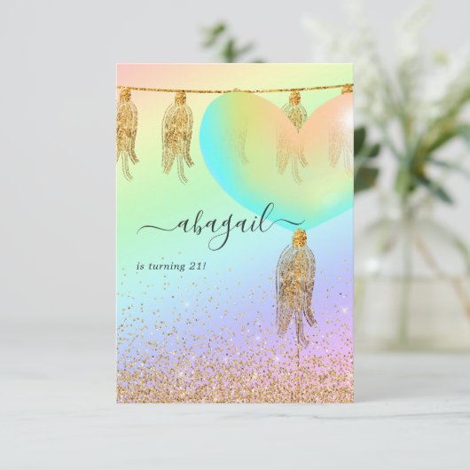 Regenboog en gouden en roze verjaardag kaart (Staand voorkant)