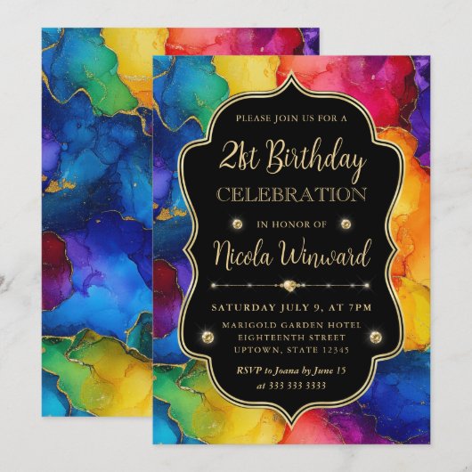Regenboog en Gouden Glitter Alcohol Ink 21ste Verj Kaart (Voorkant / Achterkant)