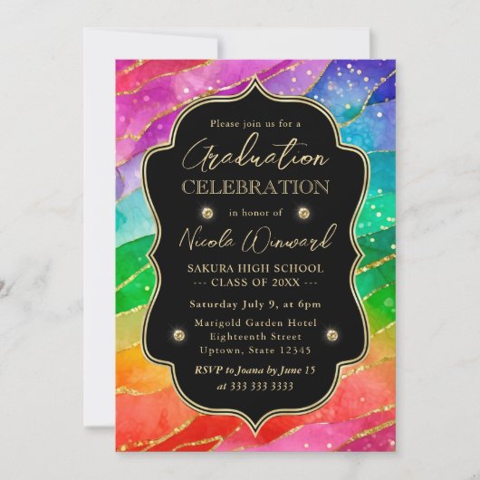 Regenboog en Gouden Glitter Alcoholinkt Afstudeerc Kaart (Voorkant)