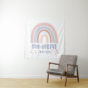 Regenboog en hart 1e verjaardag gepersonaliseerde wandkleed