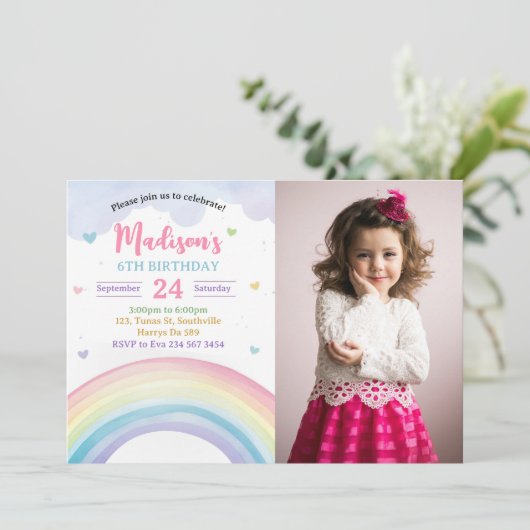 Regenboog en harten Foto Verjaardag Kaart (Staand voorkant)