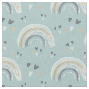 Regenboog en Harten in Boho Gedempte Blauwe Patroo Stof