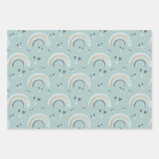 Regenboog en harten in Boho Muted Blue Pattern Inpakpapier Vel (Voorkant)