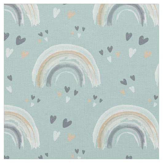 Regenboog en harten in Boho Muted Blue Pattern Stof (Close Up)