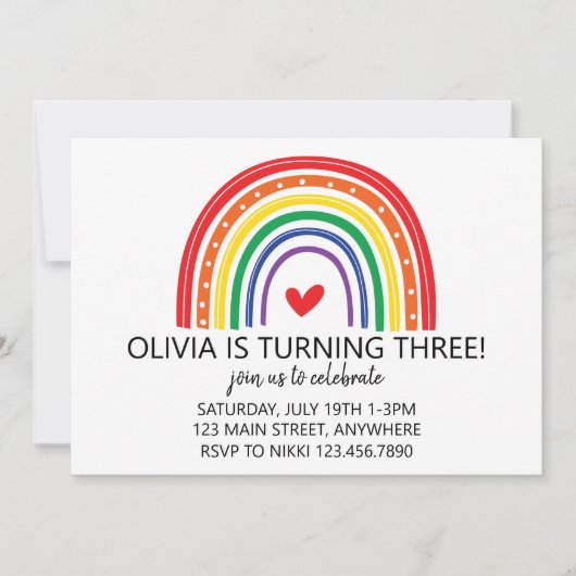 Regenboog en harten verjaardagsfeestje uitnodigen kaart (Voorkant)