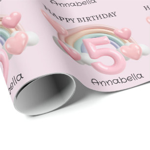 Regenboog en Hartjes 3D 5e Roze Verjaardagsfeestje Cadeaupapier