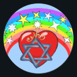 Regenboog en Joodse sterren Ronde Sticker<br><div class="desc">Regenboog kleuren en Joodse sterren omringen ons liefdevolle hart in schoonheid van religie.</div>