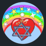 Regenboog en Joodse sterren Ronde Sticker<br><div class="desc">Regenboog kleuren en Joodse sterren omringen ons liefdevolle hart in schoonheid van religie.</div>