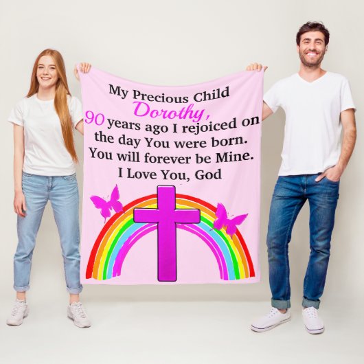  REGENBOOG EN KRUIS 90E VERJAARDAG CUSTOM FLEECE DEKEN (In situ)