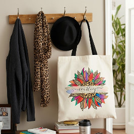 Regenboog en luipaardprint persoonlijke boodschapp tote bag