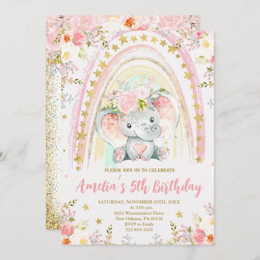 Regenboog en Olifant Verjaardagsfeest Kaart (Voorkant / Achterkant)