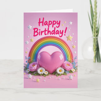 Regenboog en roze liefdeshart verjaardag kaart