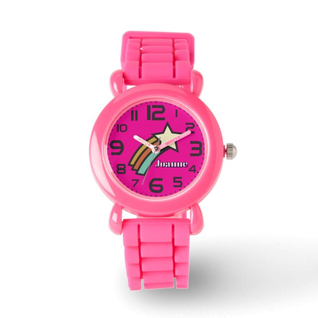Regenboog en Ster Levendig Roze Horloge (Voorkant)