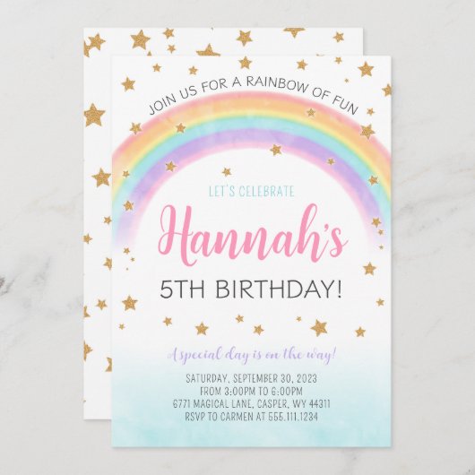 Regenboog en sterren verjaardagsfeestuitnodiging kaart (Voorkant / Achterkant)
