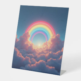 Regenboog en wolken feest teken reclamebord met voetstuk
