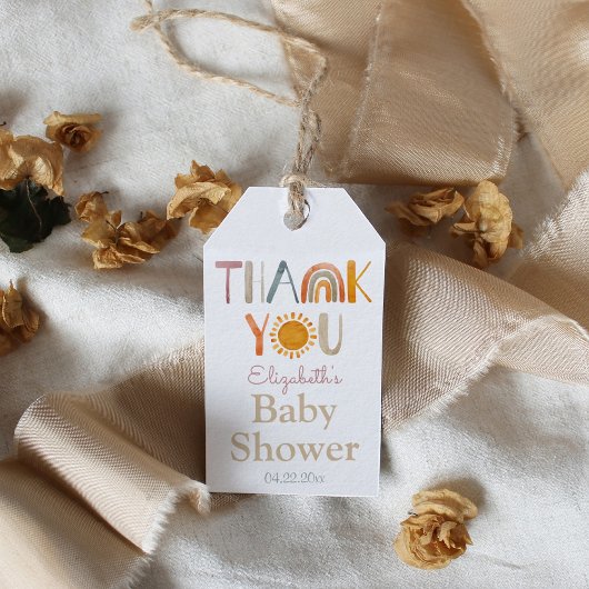 Regenboog en zonneschijn Dank u Baby shower Cadeaulabel