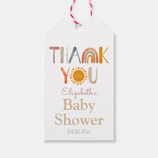 Regenboog en zonneschijn Dank u Baby shower Cadeaulabel (Voorkant)