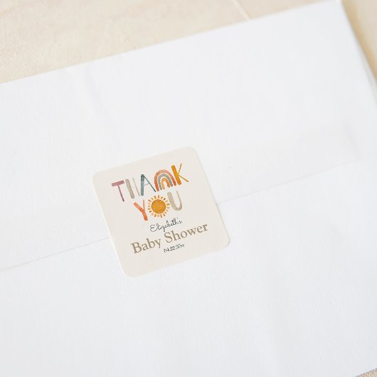 Regenboog en zonneschijn Dank u Baby shower Vierkante Sticker