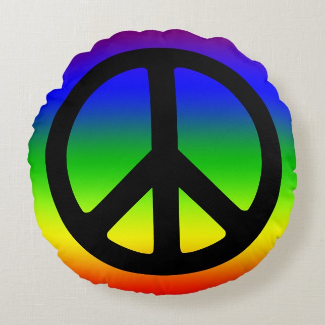 Regenboog en Zwarte Vredessymbool Rond Kussen (Voorkant)
