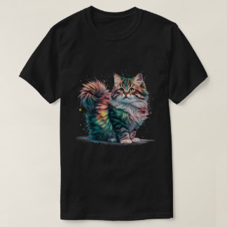Regenboog Fluffy Kat Waterverf Kunstprint T-shirt