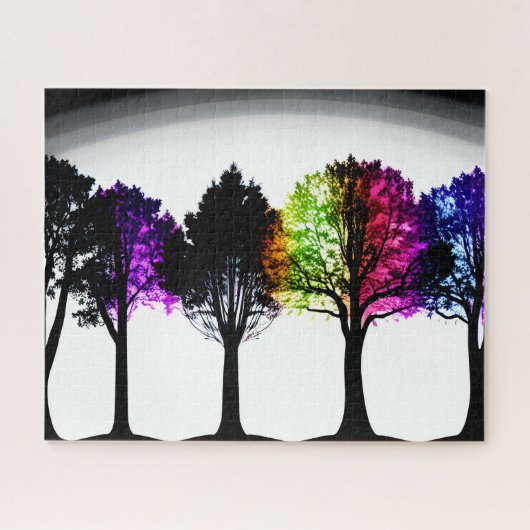 Regenboog Foliage op Zwarte Silhouet Bomen Legpuzzel (Horizontaal)