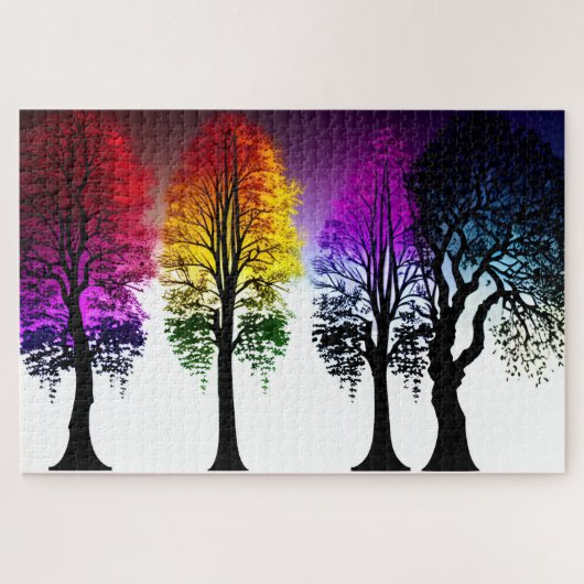 Regenboog Foliage op Zwarte Silhouet Bomen Legpuzzel (Horizontaal)