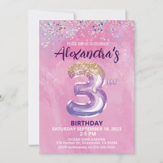 Regenboog Folie Balloon Meisje 3e Verjaardagsuitno Kaart (Voorkant)