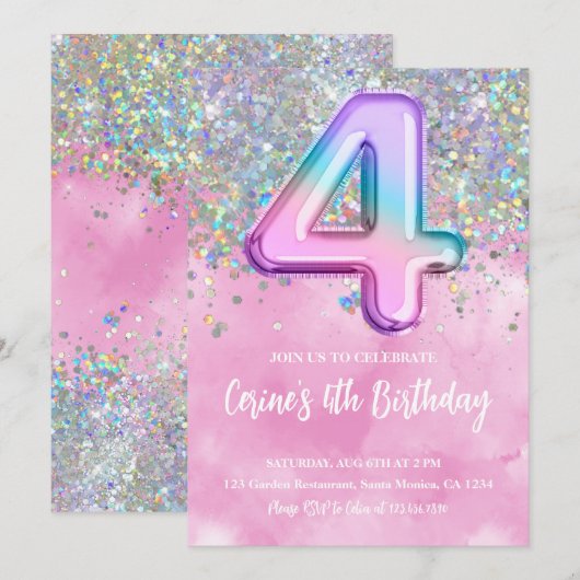 Regenboog Folie Meisje 4e Verjaardag Kaart (Voorkant / Achterkant)