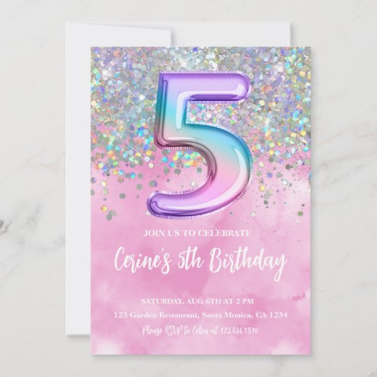 Regenboog Folie Meisje 5e Verjaardag Uitnodiging (Voorkant)