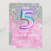 Regenboog Folie Meisje 5e Verjaardag Uitnodiging (Voorkant / Achterkant)