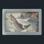 Regenboog Forel Visser Gevist voor Vis Gesp<br><div class="desc">ontwerp voor illustratiesporten met een visser die in een rivier vist. Een regenboogforel springt en springt uit het water.</div>