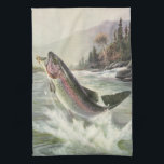 Regenboog Forel Visser Gevist voor Vis Theedoek<br><div class="desc">ontwerp voor illustratiesporten met een visser die in een rivier vist. Een regenboogforel springt en springt uit het water.</div>