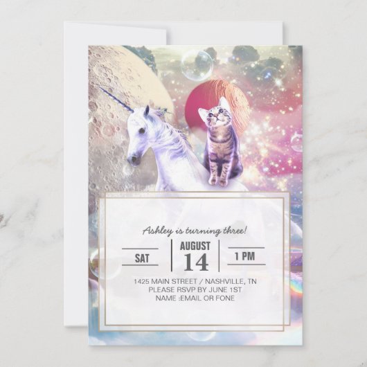 Regenboog galaxy kat rijden eenhoorn in de ruimte. kaart (Voorkant)