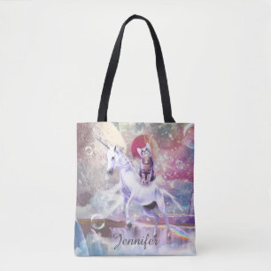 Regenboog galaxy kat rijden eenhoorn in de ruimte. tote bag