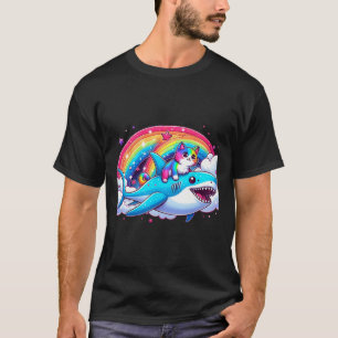 Regenboog Galaxy Kat Rijden Haai In Ruimte Grappig T-shirt