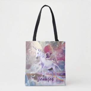 Regenboog galaxy pug rijden eenhoorn in de ruimte. tote bag