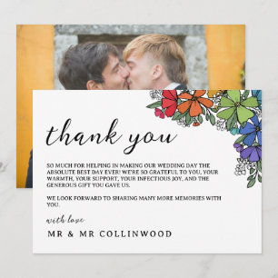 Regenboog gekleurde bloemen LGBT foto bruiloft Bedankkaart