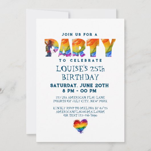 Regenboog gekleurde brieven verjaardagsfeestje kaart (Voorkant)