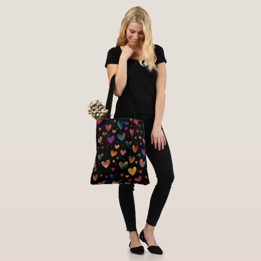 Regenboog Gekleurde Harten Galaxy Black Achtergron Tote Bag (Op model)