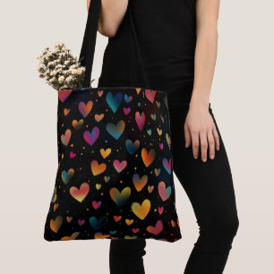Regenboog Gekleurde Harten Galaxy Black Achtergron Tote Bag