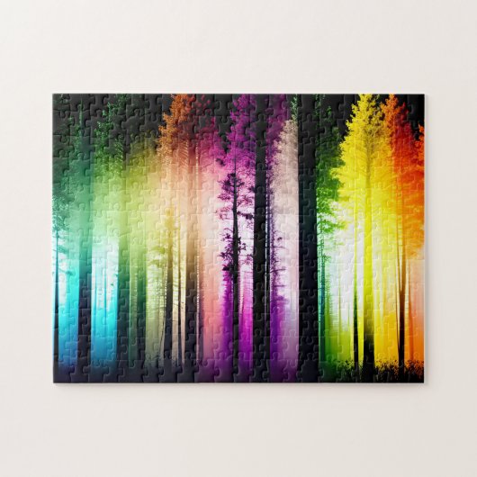 Regenboog gekleurde mist in zwart Silhouet Forest Legpuzzel (Horizontaal)