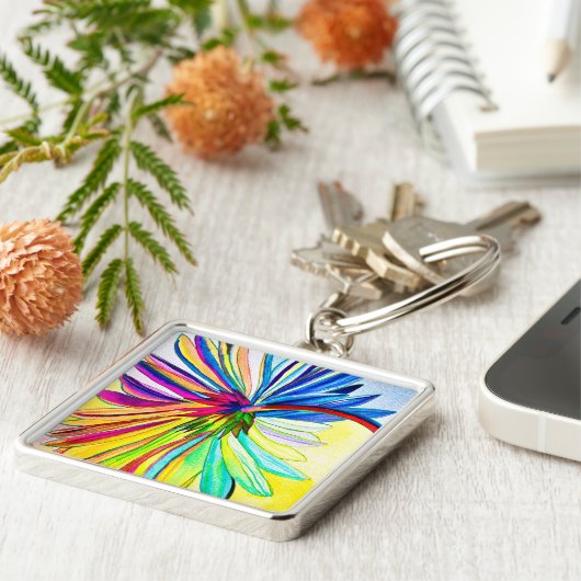 Regenboog gerbera kleurrijke bloem sleutelhanger (Zijkant)