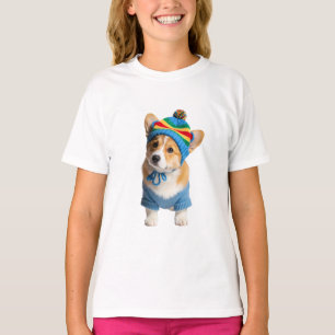 Regenboog gestreepte muts blauwe Corgi kinderen T-shirt